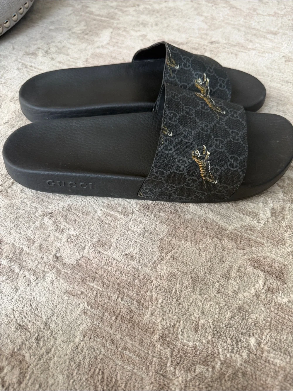 Gucci Black GG Supreme Slides with Gold Tiger Motif
